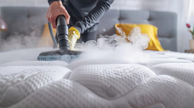 Πως να έχεις Καθαρό το Στρώμα Σου 3 Cleaning and disinfection mattress in the bedroom with hot steam.
